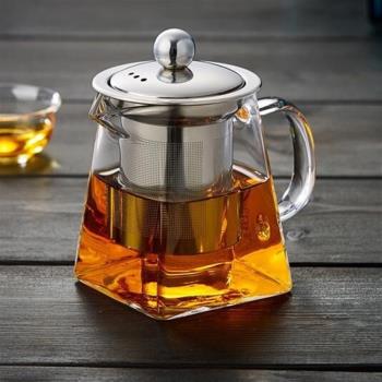 四方玻璃茶壺高硼矽公道壺不銹鋼泡茶壺帶濾網耐高溫喝茶具新中式