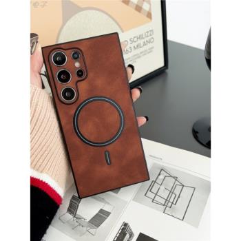 適用三星s21Plus磨砂皮紋手機殼s21Ultra全包鏡頭s22Ultra保護套s22Plus純色s23Ultra小羊紋Magsafe磁吸充電