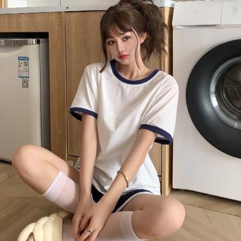 夏季短袖睡衣女夏天款純棉純欲風深藍運動褲開叉女生休閑兩件套裝