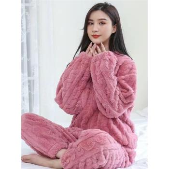 珊瑚絨提花睡衣女裝秋冬季新款加絨加厚超厚絨冬天家居服兩件套裝