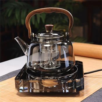 耐熱玻璃茶壺木把提樑壺蒸煮一體輕奢高檔電陶爐煮茶器圍爐煮茶