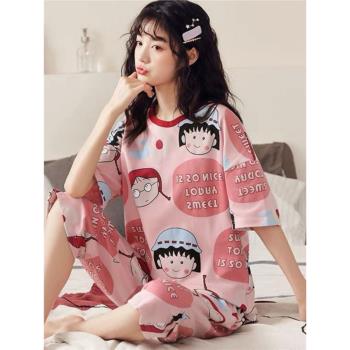 短袖長褲睡衣套裝女生夏季休閑韓版薄款圓領卡通甜美可愛家居服裝