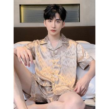 2025新款男士睡衣夏季冰絲薄款短袖短褲涼感模擬絲綢家居服春套裝