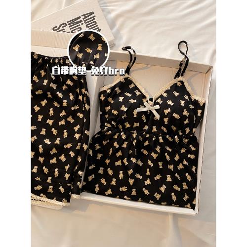 冰絲吊帶夏季睡衣女薄款帶胸墊可外穿涼感卡通小熊性感家居服夏天