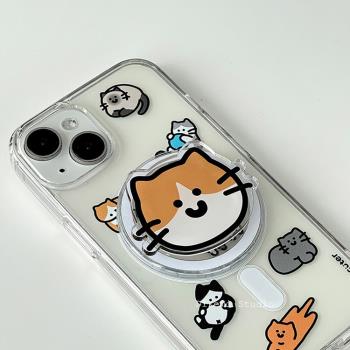 韓國ins小眾可愛玩耍貓咪magsafe支架磁吸手機殼適用於iPhone16pro/15promax蘋果13/14手機保護套