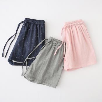 無印品質睡褲女短褲夏純棉雙層紗布情侶家居褲格子沙灘褲大碼
