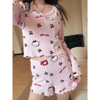 少女甜美櫻桃Kitty印花長袖純棉睡衣女款夏季舒適家居服短褲套裝