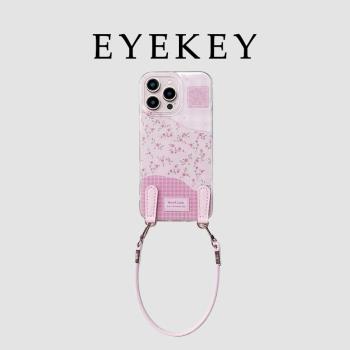 eyekey白鹿同款少女粉色格紋小碎花適用蘋果16promax手機殼iphone13新款15pro腕帶掛繩14日韓ins風全包保護套