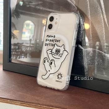 韓國ins小眾make everyday better貓咪磁吸手機殼皮質卡包適用於iPhone16pro/15promax蘋果13/14手機保護套