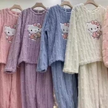 KT貓睡衣女款秋冬季珊瑚絨加厚加絨卡通可愛學生家居服套裝法蘭絨