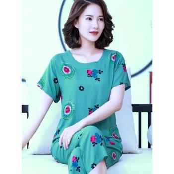 棉綢睡衣女夏季短袖套裝綿綢中老年媽媽大碼人造棉家居服女可外穿