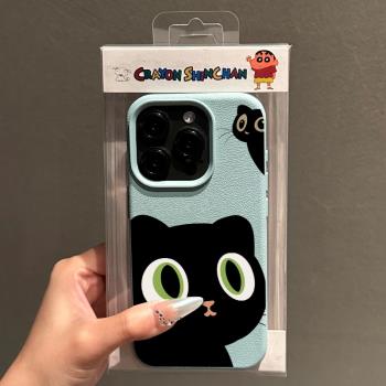 ins可愛卡通大眼黑貓適用蘋果16promax手機殼iPhone14女新款13皮質12時尚11小眾荔枝紋15Pro防摔14pro保護套