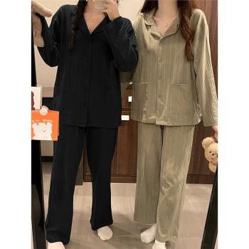 睡衣情侶裝一男一女春秋款純棉長袖長褲2025新款純色大碼家居服夏