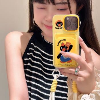黃色企鵝帶掛繩孔適用15PRO簡約12pro創意iphone11蘋果13promax手機殼14/XR插卡XSMAX手提MINI3鏈條斜挎旅遊