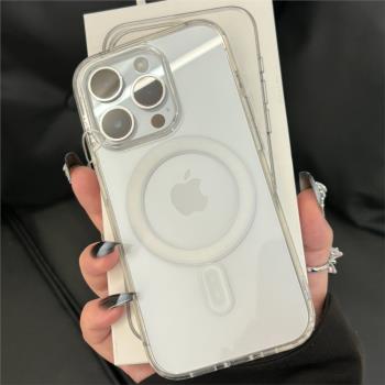 適用於蘋果14pro手機殼15promax新款16pro磁吸充電12pm透明保護套iPhone13高階感女16plus全包防摔男亞克力套