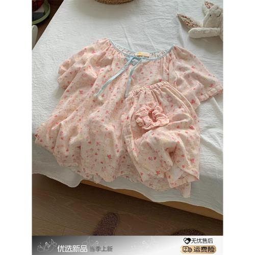 韓系甜美碎花棉紗睡衣女款夏季舒適休閑短袖短褲家居服大碼兩件套