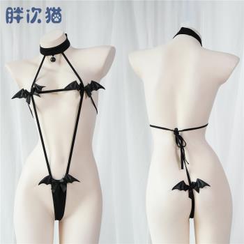 小蝙蝠連體比基尼 性感小惡魔三點式內衣綁帶睡衣帶鈴鐺脖環