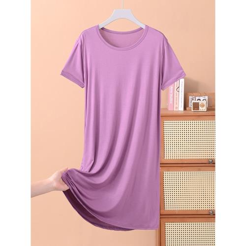 夏季短袖睡裙女士純色寬松大碼莫代爾睡衣胖媽媽中老年加肥家居服