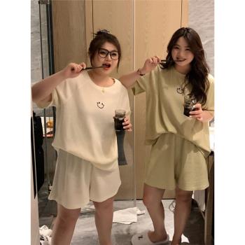 特大碼300斤華夫格休閑睡衣套裝女夏外穿短袖T恤短褲家居服兩件套