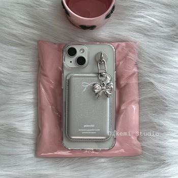 韓國ins小眾甜酷辣妹Y2K銀蝴蝶結掛件magsafe磁吸手機殼皮質卡包適用iPhone16pro/15promax蘋果13/14手機套