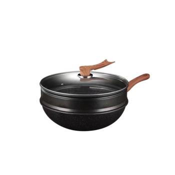 麥飯石平底炒鍋不粘鍋32CM34CM家用無煙麥石鍋無油煙電磁爐通用