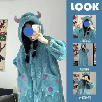 蘇利文睡衣秋冬季女珊瑚絨加厚加絨浴袍冬季情侶睡袍長款卡通學生