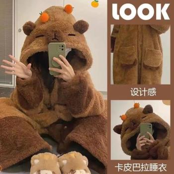 卡皮巴拉睡衣女冬季珊瑚絨加厚加絨冬天睡袍長款法蘭絨浴袍家居服