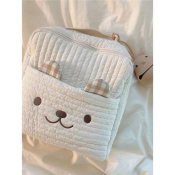 ins韓國可愛絎縫刺繡小熊揹包男孩女孩雙肩書包收納媽咪包包