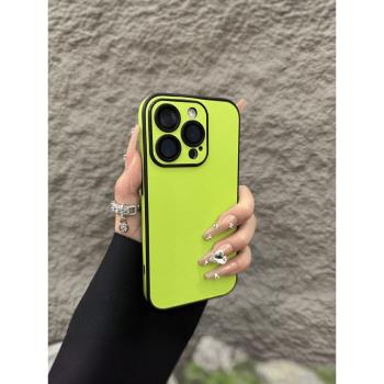 簡約皮質自帶鏡頭膜適用蘋果16Promax高階撞色手機殼iPhone15Pro全包14情侶簡約ip13小眾12p素皮11保護套plus