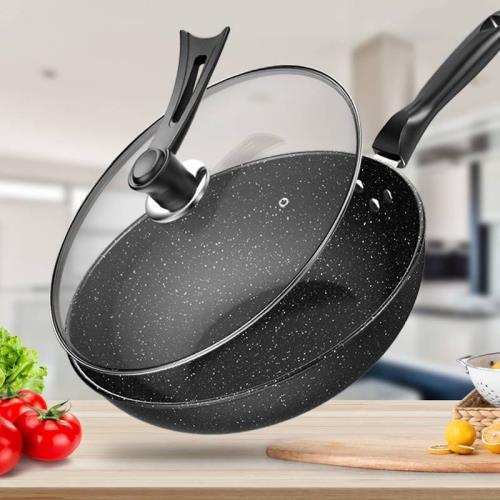 廠家直銷麥飯石炒鍋不粘鍋家用多功能平底炒菜鍋電磁爐煤氣灶通用