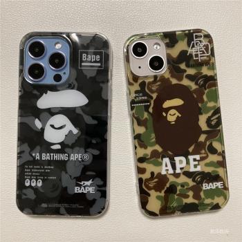 歐美潮牌Ape猿人頭適用蘋果14ProMax手機殼iPhone13高透硬殼12個性Bape迷彩綠11男女14Pro大孔鏡頭13ProMax