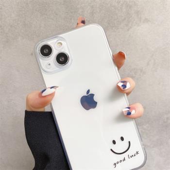 英文可愛笑臉表情適用iphone13promax蘋果11/12pro手機殼15/14全包16鏡頭X女7/8plus透明6sp矽膠mini軟保護套