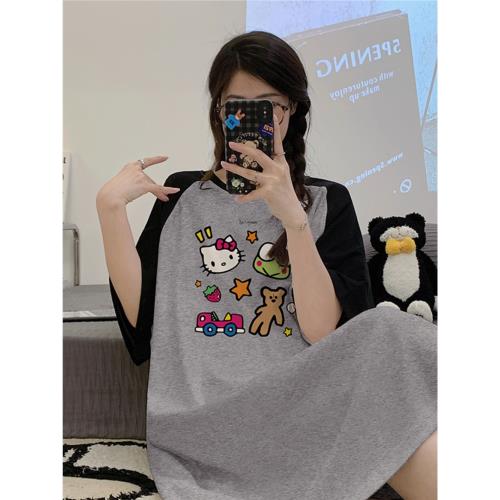 夏季睡裙女可愛卡通灰色新款KT貓咪學生休閑睡衣套頭中長款T恤裙