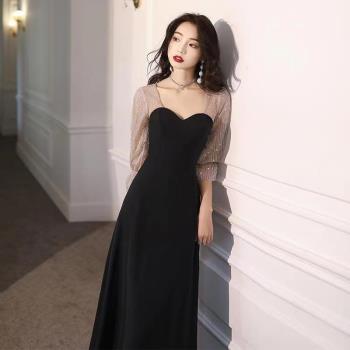 黑色小晚禮服女2024新款平時可穿高階宴會氣質長款生日洋裝連衣裙