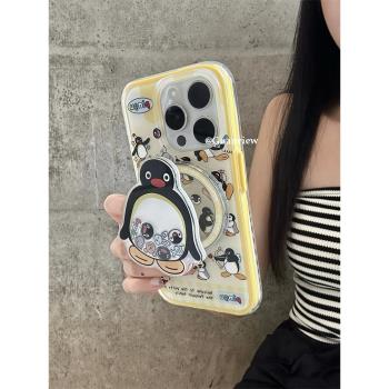 guanview ins趣味企鵝流動磁吸支架適用iphone16promax蘋果14手機殼13二合一軟矽膠14promax創意防摔15保護套