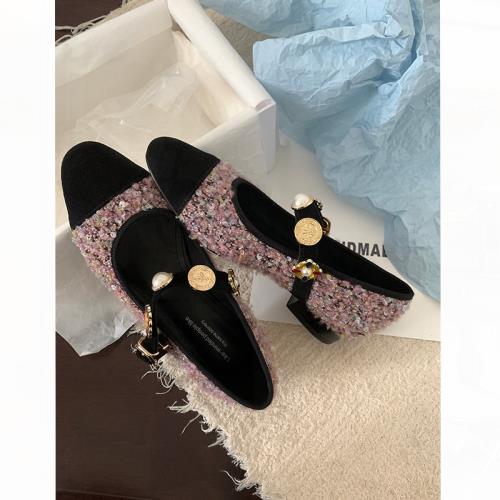 袁圈圈重工設計感古巴扣小香風拼色單鞋毛呢布小尖頭低跟瑪麗珍鞋