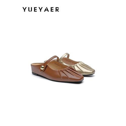 月芽兒夏季新款瑪麗珍包頭半拖褶皺懶人穆勒鞋一腳蹬平底涼拖鞋女