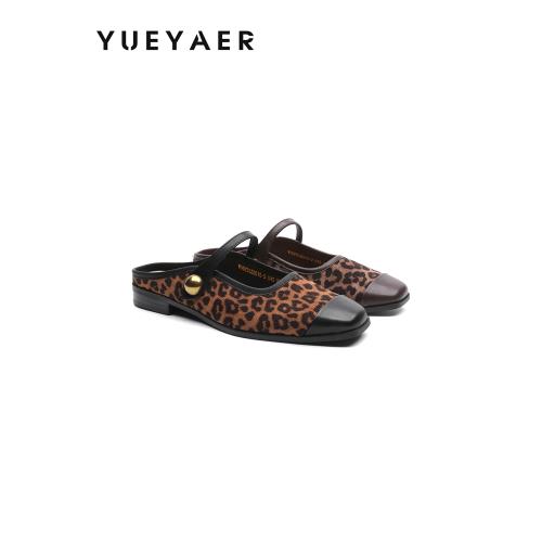 月芽兒包頭半拖鞋女2025春夏季新款法式外穿豹紋低跟涼鞋穆勒拖鞋