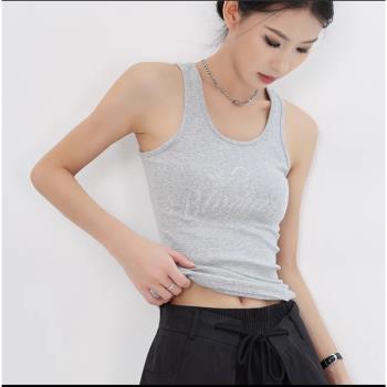 美式辣妹背心女夏季字母燙鉆白色吊帶外穿內搭修身顯瘦無袖上衣潮