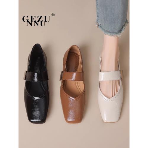 GEZUNNU真皮復古一字帶金扣法式瑪麗珍鞋女2025新款方頭平底單鞋