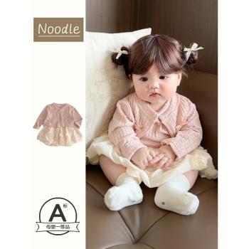 noodle兒童春季連衣裙寶寶韓系純色開衫禮裙公主裙子周歲嬰兒衣服