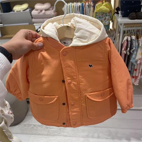 韓國童裝 25春新款兒童百搭洋氣橘紅外套 菱格帶帽薄棉馬甲兩件套