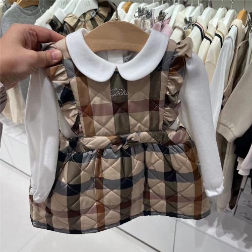 韓國童裝 24冬新款女寶可愛娃娃領長袖T恤 格紋背帶裙子洋氣套裝