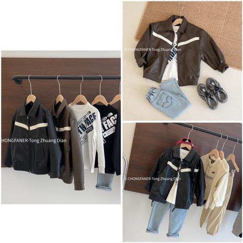 2025年春出口韓國童裝男童女童翻領拼色PU夾克外套 130-160碼