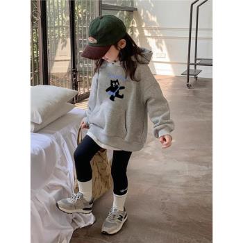 女童春季衛衣2025新款兒童洋氣外套小女孩寬松卡通貓咪連帽上衣潮