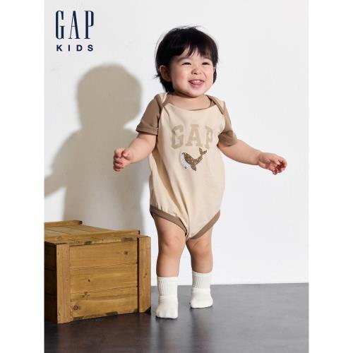 Gap嬰兒夏季純棉印花撞色短袖連體衣兒童裝包臀衣505609