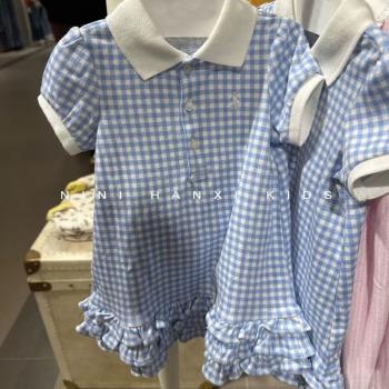 韓國童裝女童藍格花邊公主裙新款春季小女孩洋氣小眾polo領連衣裙
