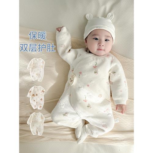 嬰兒夾棉連身衣薄棉保暖春秋冬季新生兒衣服男女寶寶嬰幼兒連體衣