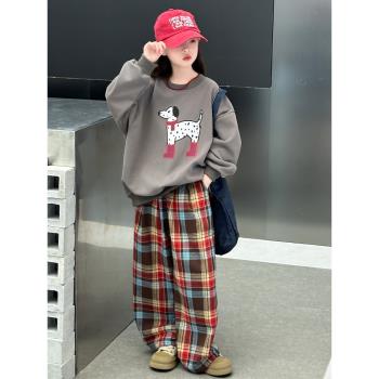 女童衛衣套裝春秋裝2025新款洋氣女大童秋裝時髦兒童格子褲兩件套