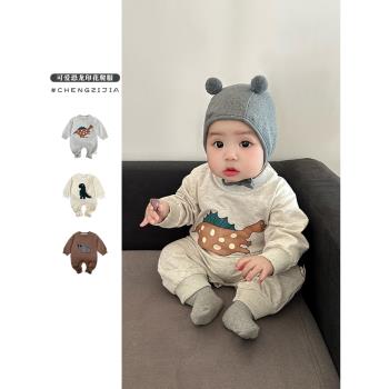 嬰幼兒時尚卡通恐龍衛衣爬服春秋裝女寶寶可愛連體衣男童洋氣哈衣